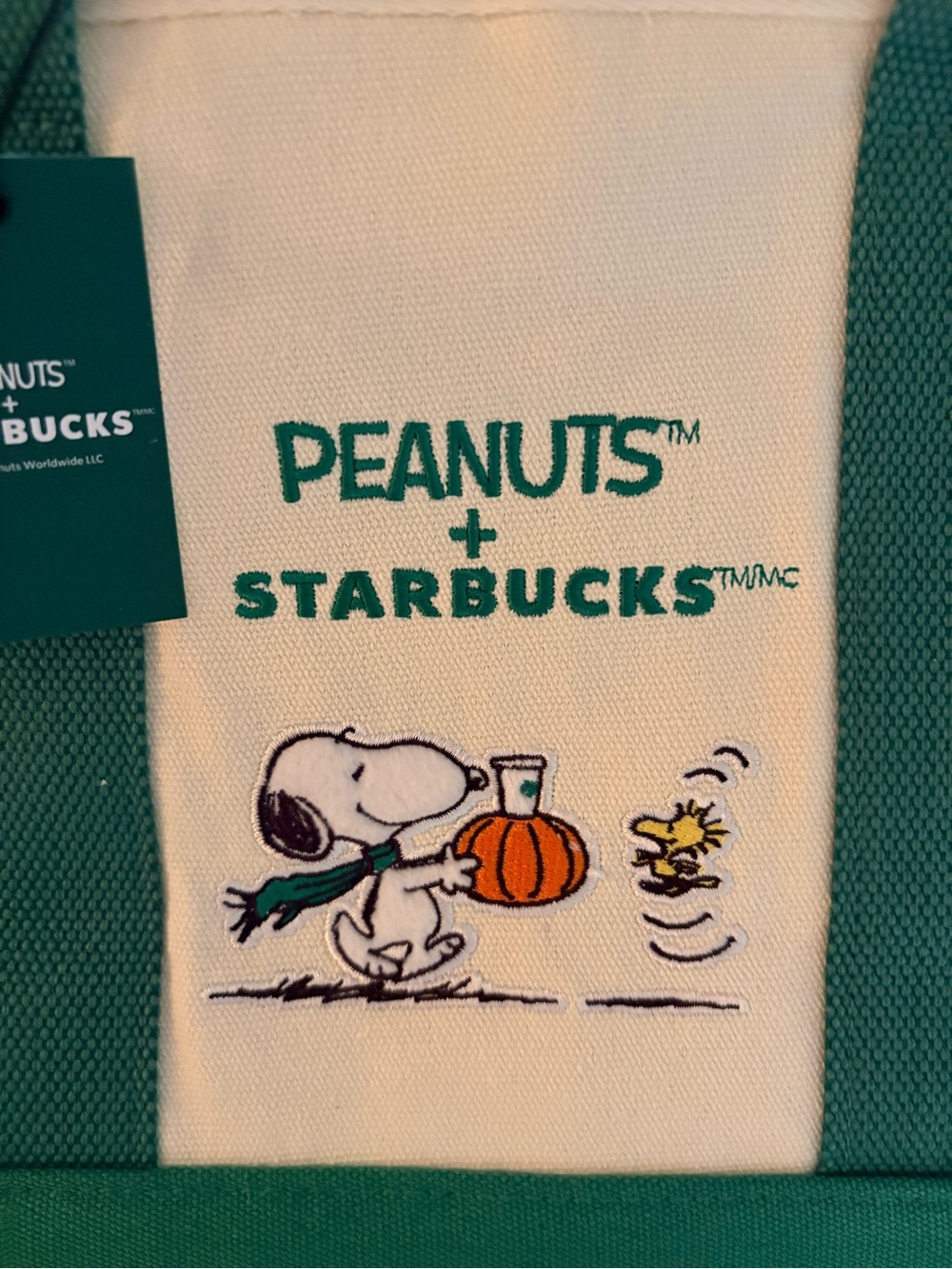 Peanuts x Starbucks Canvas Tote Bag - Green & Cream limited edition collectors - Picture 2 of 3
